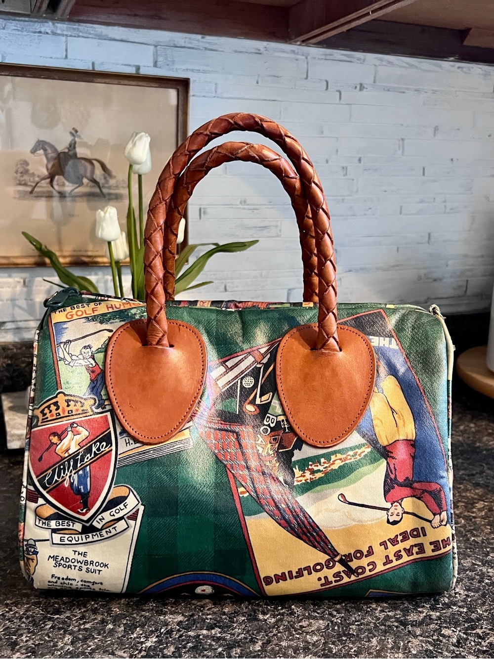 Green Printed Satchel with Braided Tan Handles